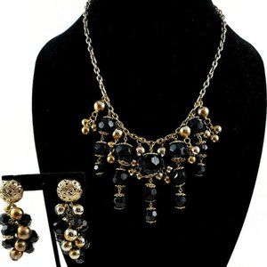 Vintage Necklace Black Faceted Beads/Gold Tone Beads Lobster Claw Closure/Earrin